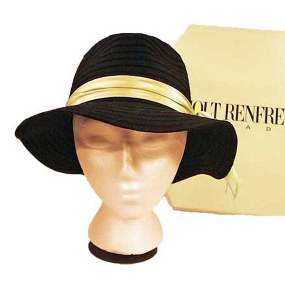 WOOL WIDE BRIM HAT, NEVER WORN, LADIES MEDIUM, BLACK, LIGHT GREEN SILK HAT BAND,